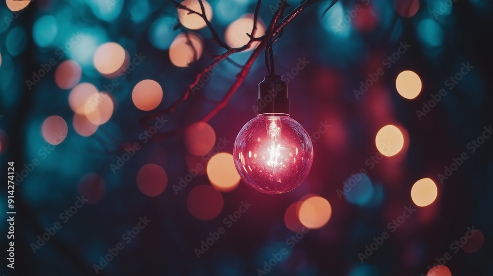 Glowing pink decorative light bulb hanging among blurred bokeh lights in a dark outdoor setting at night Glowing pink decorative light bulb hanging among blurred bokeh lights in a dark outdoor setting at night