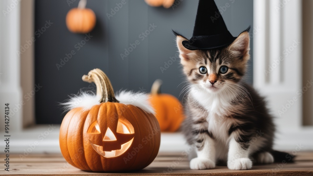 Cute tabby kitten in witch's hat looks alert among carved pumpkins in a cozy indoor setting. Cute tabby kitten in witch's hat looks alert among carved pumpkins in a cozy indoor setting.