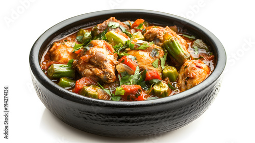 nigerien djerma stew with okra and chicken isolated on white background, studio photography, png