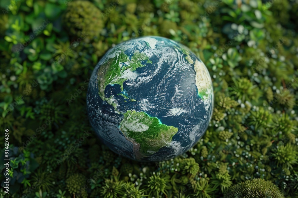 A small earth globe sitting on a bed of moss, perfect for environmental or nature-themed designs A small earth globe sitting on a bed of moss, perfect for environmental or nature-themed designs