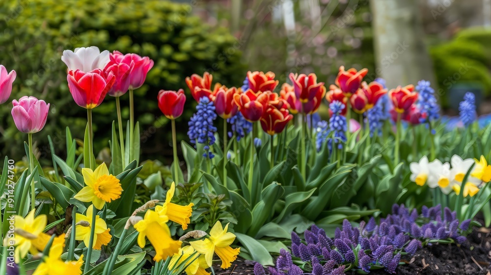 Vibrant Spring Garden with Blooming Tulips and Daffodils Vibrant Spring Garden with Blooming Tulips and Daffodils
