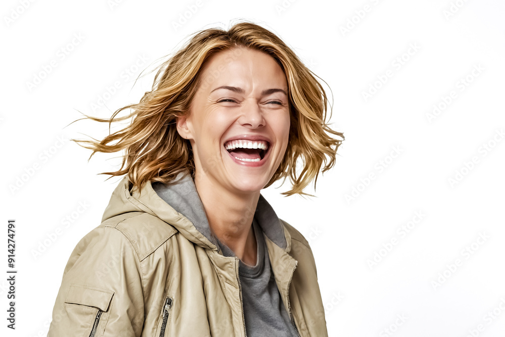 Young woman laughing with wind blowing through her hair Young woman laughing with wind blowing through her hair