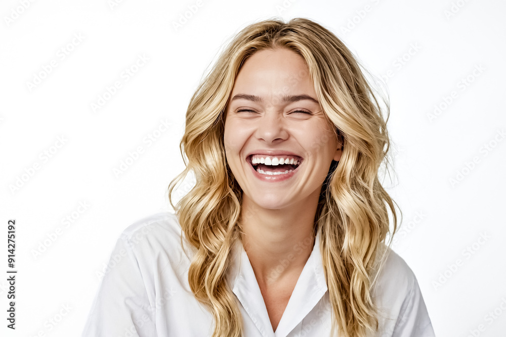 Blonde woman laughs joyfully with white background Blonde woman laughs joyfully with white background