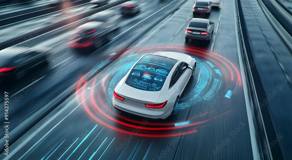 Realistic Shot of a White Car Driving on the Highway with a Futuristic Background Realistic Shot of a White Car Driving on the Highway with a Futuristic Background