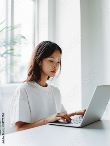 a young asian woman typing on a laptop computer in a modern coworking space