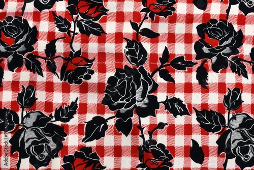 A red and white houndstooth pattern with black roses Generative AI