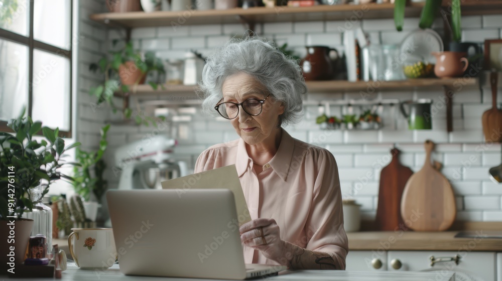 The elderly woman reading document The elderly woman reading document