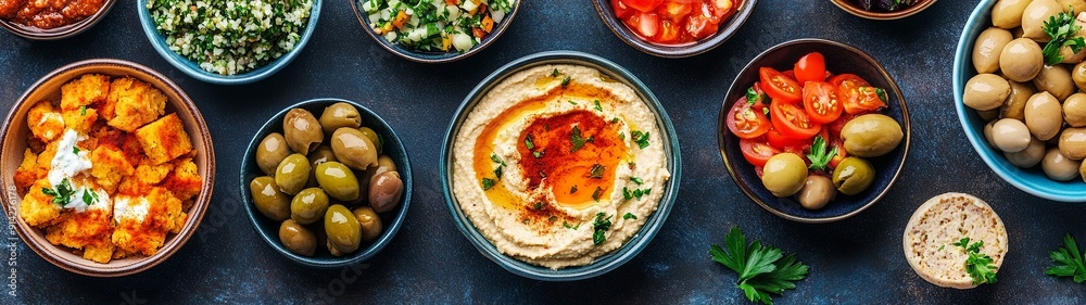 A variety of Mediterranean mezze dishes in bowls on a dark background A variety of Mediterranean mezze dishes in bowls on a dark background