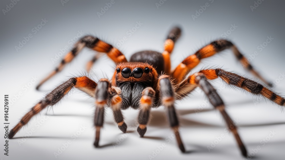 A red and black spider on a gray background facing left with outstretched legs. (140 characters) A red and black spider on a gray background facing left with outstretched legs. (140 characters)