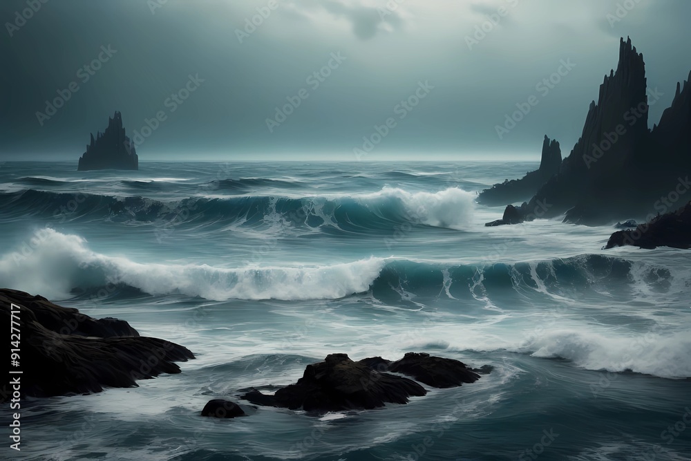 Fototapeta premium background of a pirate ship, sailing on the high seas, and being battered by sea storms, Generative AI
