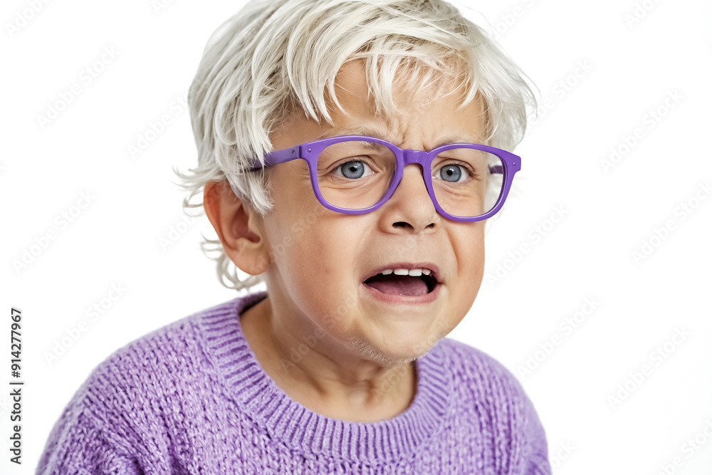 Portrait of a young boy with blonde hair wearing purple glasses and a purple sweater Portrait of a young boy with blonde hair wearing purple glasses and a purple sweater
