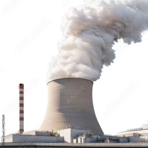 Nuclear power plant with dynamic cooling towers isolated on the transparent backgrrond