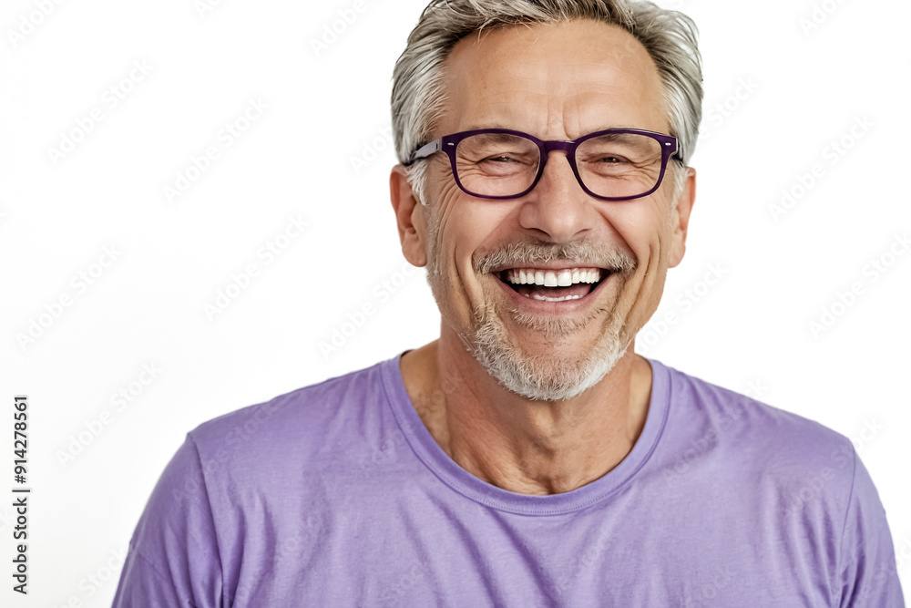 Happy Mature Man in Purple T-Shirt with White Background Happy Mature Man in Purple T-Shirt with White Background