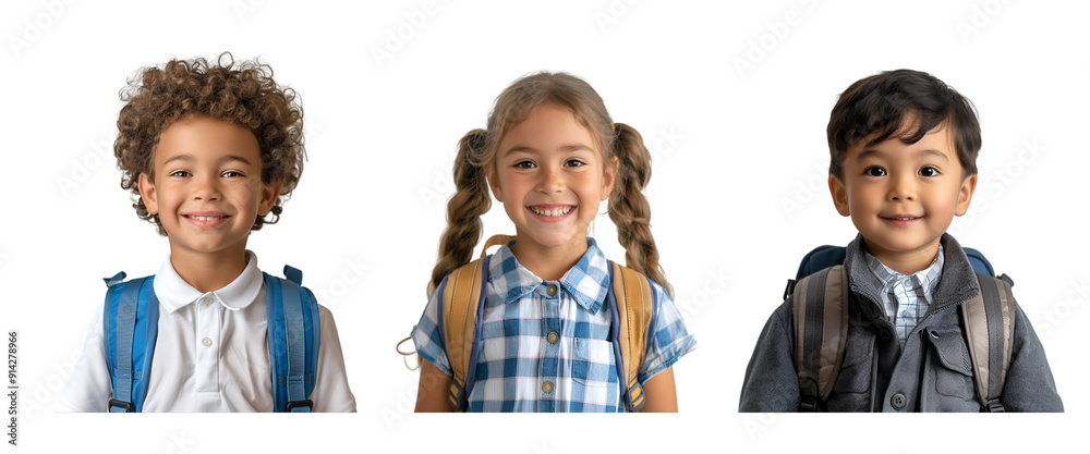 Portrait of children carrying backpacks to school