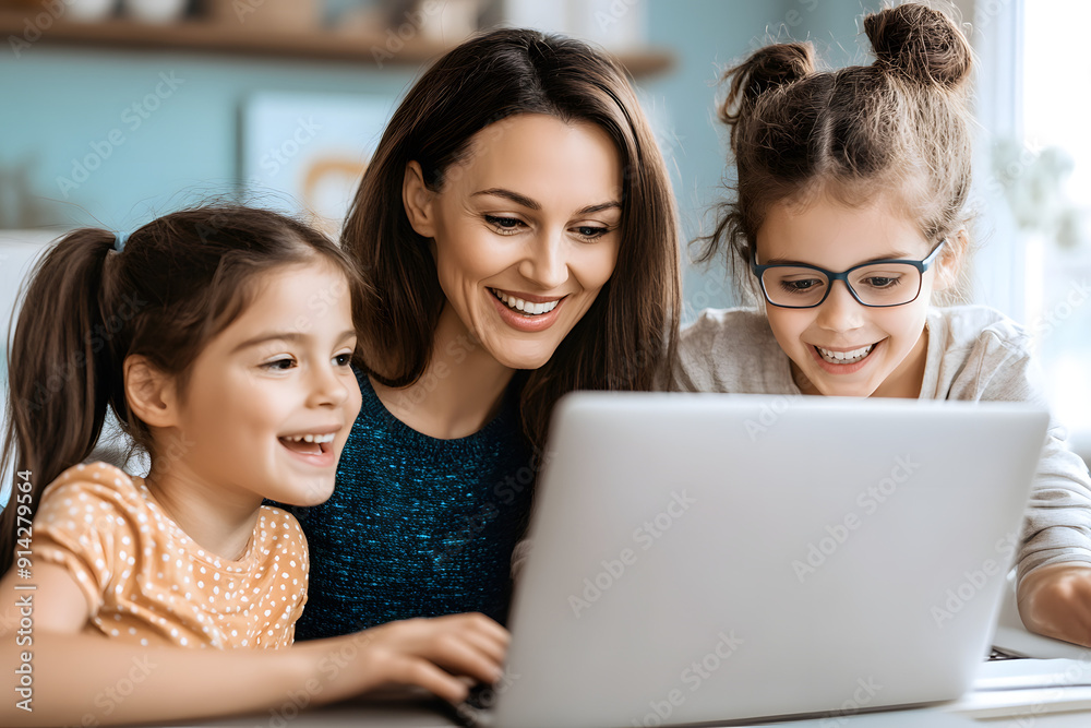 Happy mother sitting at her desk and looking at her laptop with her children
Happy mother sitting at her desk and looking at her laptop with her children