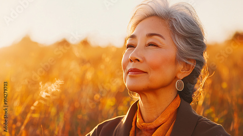 a senior asian woman meditating in the early morning light, surrounded by nature