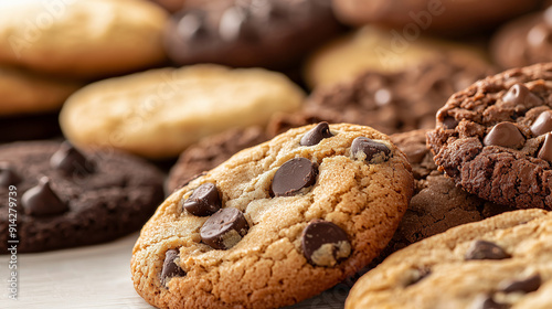 Tempting close-up of chocolate chip and double chocolate cookies assortment, perfect for snack time and dessert inspirations, offering a delectable treat. Photo with copy space