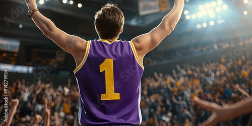 fan cheering in basketball stadium, blank purple basketball jersey, yellow white trim, yellow number "1" 