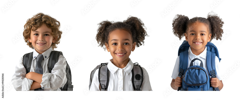 Portrait of children carrying backpacks to school Portrait of children carrying backpacks to school
