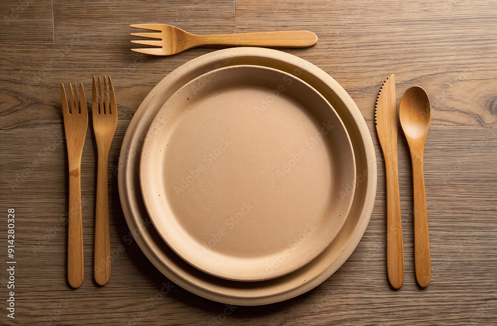 Neatly arranged display of a reusable bamboo plate and cutlery emphasizing sustainable alternatives Neatly arranged display of a reusable bamboo plate and cutlery emphasizing sustainable alternatives