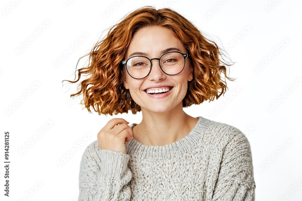 Obraz premium Portrait of a happy young woman with curly hair wearing glasses