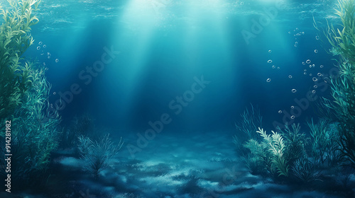 Underwater scene with sunlight filtering through clear water and vibrant aquatic plants in a serene marine environment