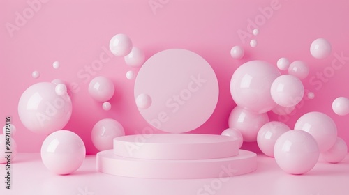 A pink podium surrounded by spheres of various sizes, creating an atmosphere of softness and lightness. The composition is balanced with the round shapes forming a natural pattern around it
