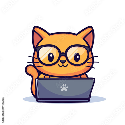 Business cat with laptop 2d vector illustration