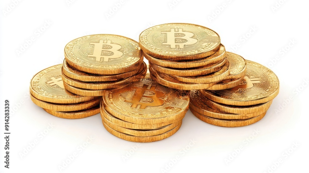 Stack of Gold Coins with Bitcoin Symbol on White Background Stack of Gold Coins with Bitcoin Symbol on White Background