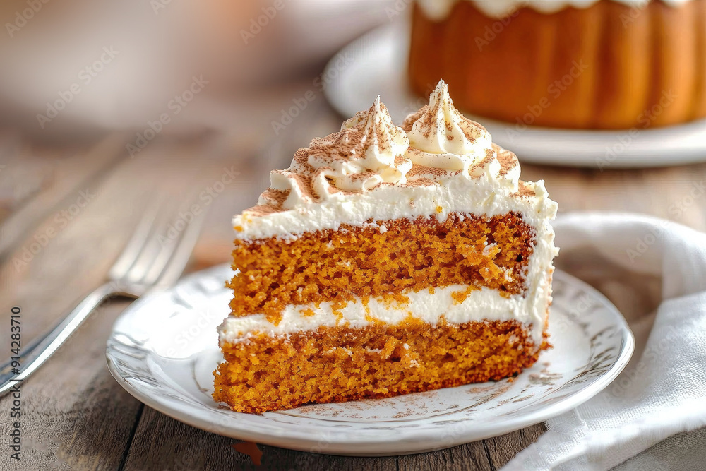 Delicious Slice of Pumpkin Spice Cake on a Rustic Wooden Table Delicious Slice of Pumpkin Spice Cake on a Rustic Wooden Table