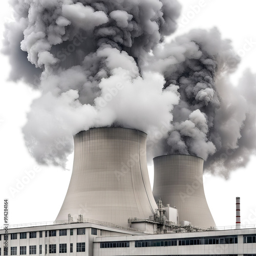 Nuclear power plant with dynamic cooling towers isolated on the transparent backgrrond