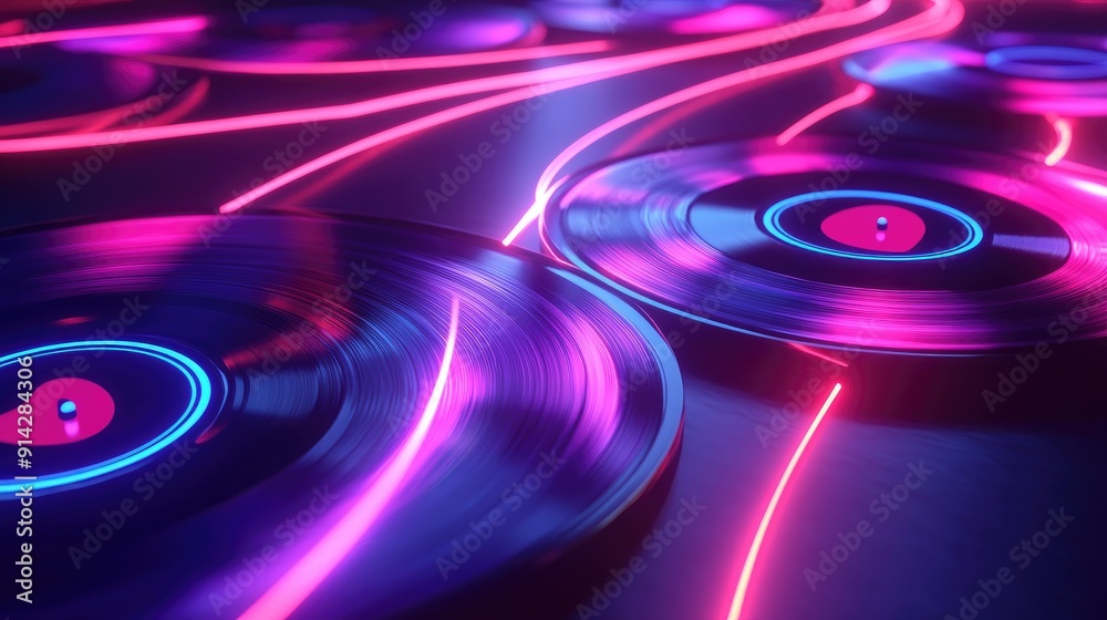 3D music background with vinyl records and neon light trails, retro music vibe 3D music background with vinyl records and neon light trails, retro music vibe