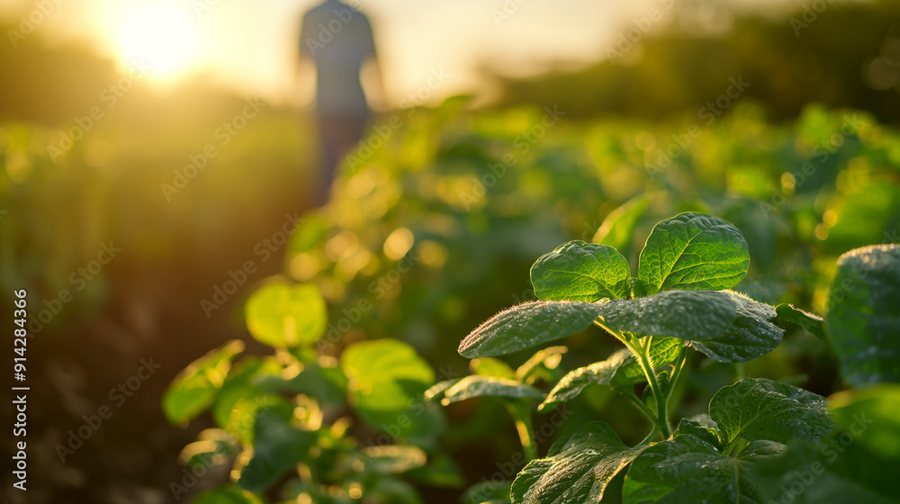 Young plant growing in fertile soil as a gardener walks in the background. Banner with copy space Young plant growing in fertile soil as a gardener walks in the background. Banner with copy space