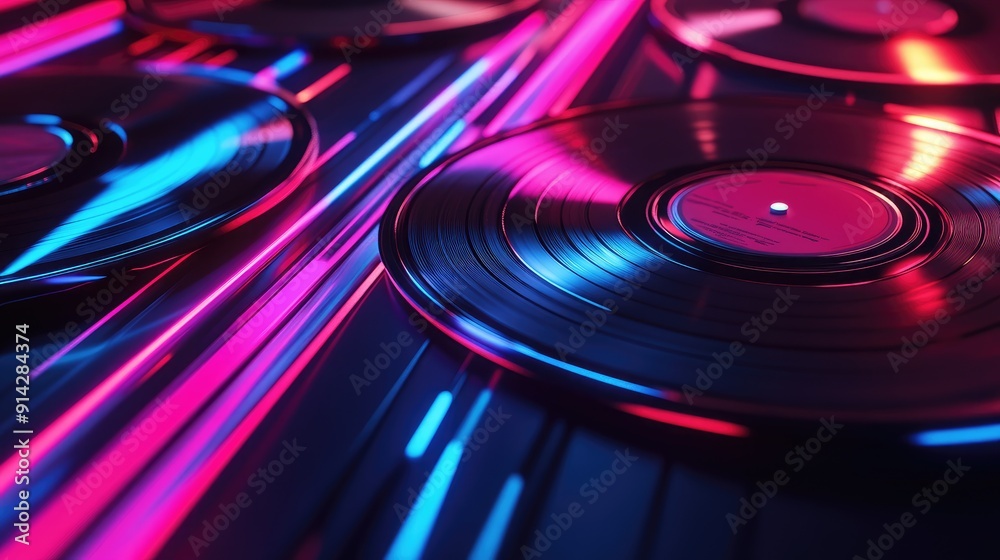 3D music background with vinyl records and neon light trails, retro music vibe 3D music background with vinyl records and neon light trails, retro music vibe