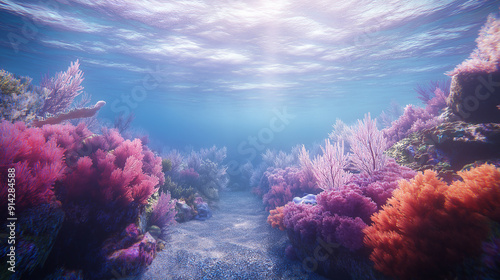 Fototapeta Naklejka Na Ścianę i Meble -  Vibrant underwater coral reef with colorful marine life illuminated by sunlight