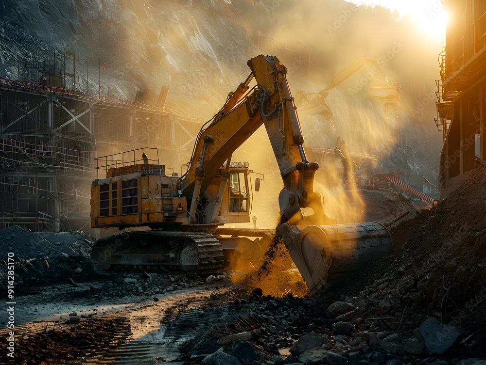 Powerful Heavy Machinery in Action at Construction Site Demolishing and Transforming the Environment Powerful Heavy Machinery in Action at Construction Site Demolishing and Transforming the Environment