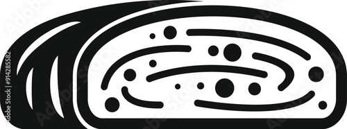 Black and white icon of a swiss roll cake showing the filling with raisins