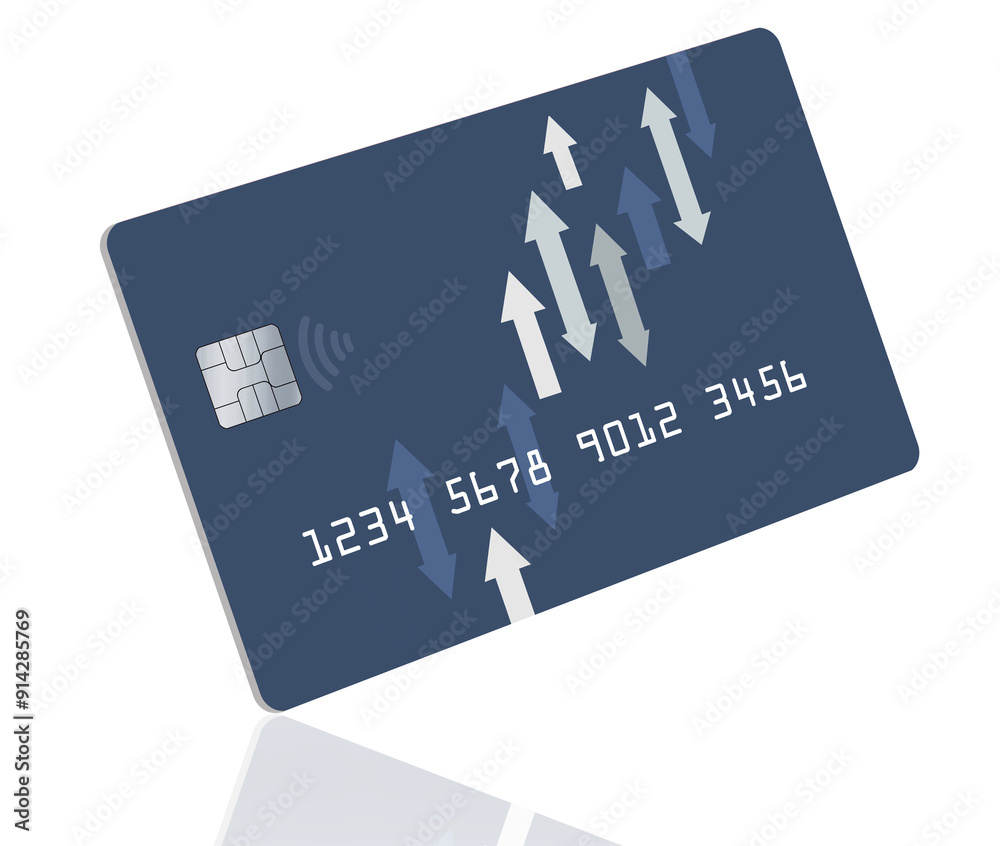 A generic credit card is seen decorated with stock market chart arrows in a 3-d illustration. A generic credit card is seen decorated with stock market chart arrows in a 3-d illustration.