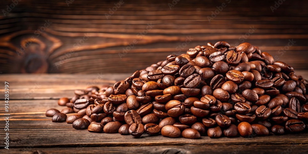 Fototapeta premium Rustic Pile of Coffee Beans on Natural Wood. Photos. Images. Coffee. Beans. Rustic.