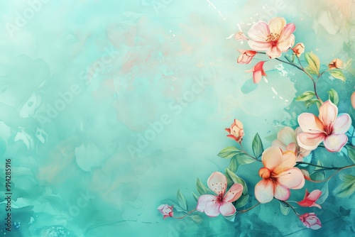 Watercolor Beautiful spring floral nature background with lovely blossom, petal a on turquoise illustration blue background