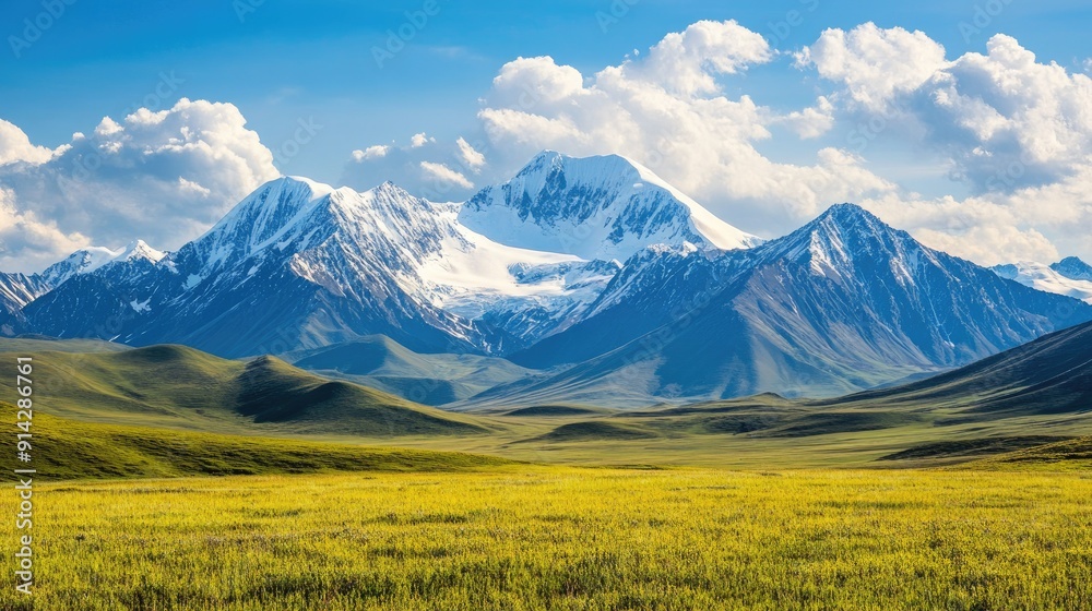 Tibetan Plateau wilderness with snow-covered mountains in summer. High angle, clean background, high quality Tibetan Plateau wilderness with snow-covered mountains in summer. High angle, clean background, high quality