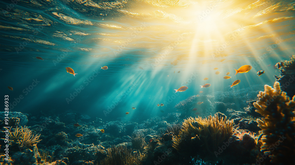 Fototapeta premium Underwater scene with sun rays illuminating colorful fish and coral in a vibrant reef ecosystem
