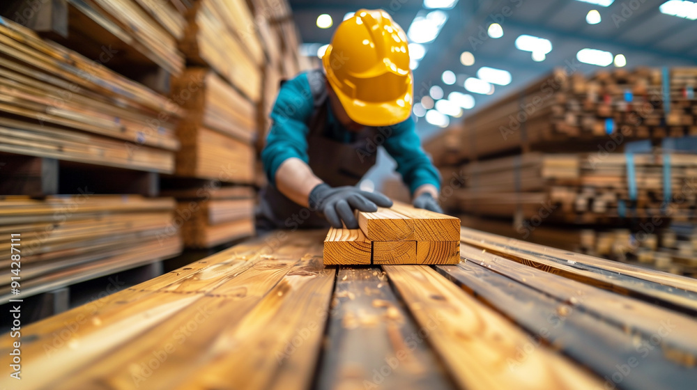 Woodworker carefully inspecting planks in a lumber warehouse Woodworker carefully inspecting planks in a lumber warehouse
