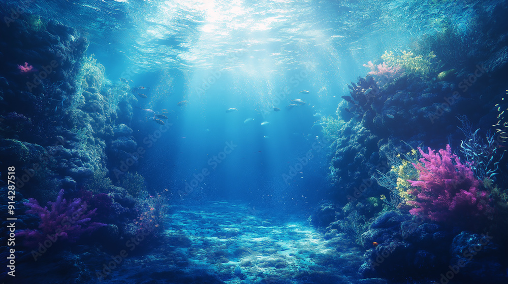 Obraz premium Vibrant coral reef thriving under sunlight in a clear ocean water setting