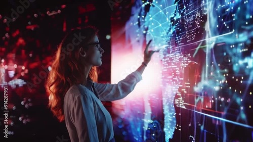 Digital Screen on Research Lab highlighted World map. Scientist corporation expert People tech talent team working on project big data science report center. Side View 1