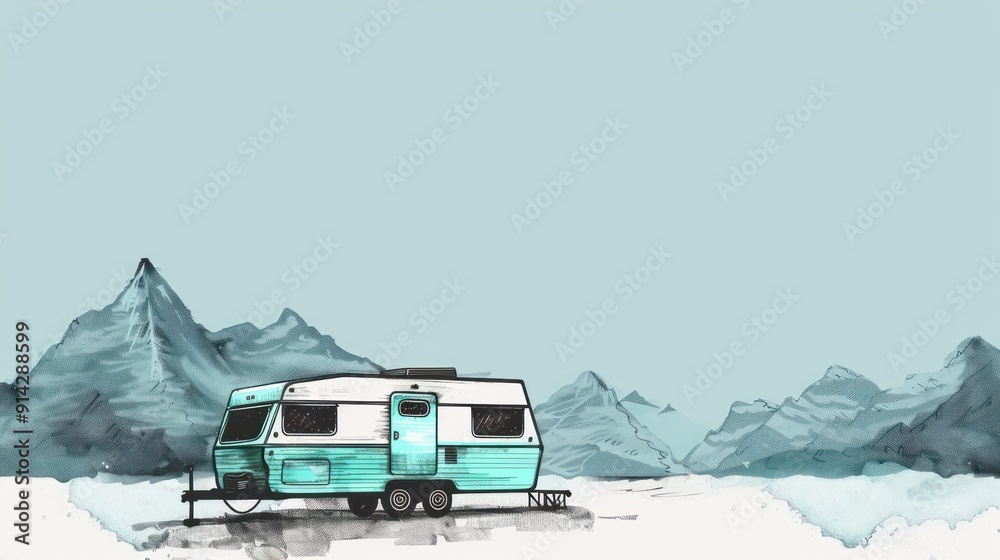 Blue and white camper van in front of mountains. Blue and white camper van in front of mountains.