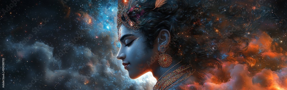 Lord Krishna Portrait Against Starry Sky Lord Krishna Portrait Against Starry Sky