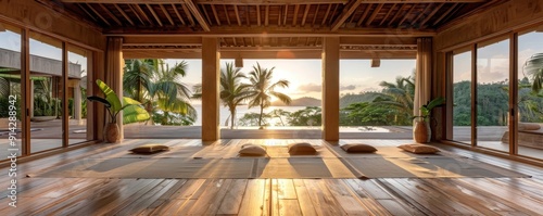 Open-air wooden yoga studio with tropical views.