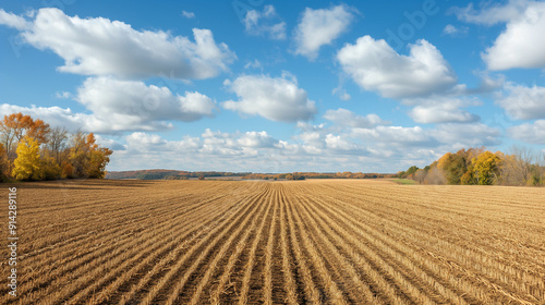 Harvested field with autumn trees under a blue sky with clouds