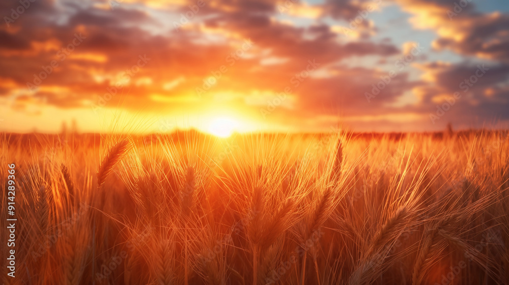 Golden wheat field illuminated by vibrant sunset with dramatic sky Golden wheat field illuminated by vibrant sunset with dramatic sky